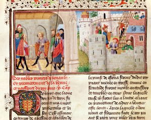 Ms 149 t.1 fol.16 Eine Vereinbarung und der Bau einer Burg, aus der Histoire des Nobles Princes de Hainaut, von Jacques de Guise von French School