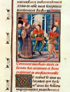 Ms 149 t.3 fol.183v Wie Balduin I. (1171-1205), sechster Graf von Hennegau, 1204 zum Kaiser von Konstantinopel gekrönt wurde, aus der Histoire des Nobles Princes de Hainaut, von Jacques de Guise von French School