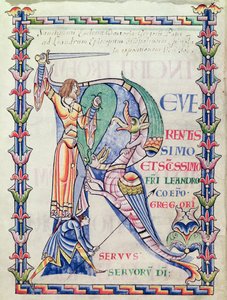 Historisierte Initiale R, die einen Ritter zeigt, der gegen einen Drachen kämpft, aus Moralia in Job von Papst Gregor dem Großen von French School