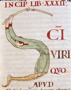 Ms 173 fol.148r Historisierte Initiale S, die einen Mann beim Dreschen zeigt, aus Moralia in Job von Papst Gregor dem Großen