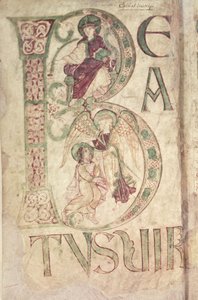 Historiierte Initiale B, die den Evangelisten Johannes und einen Engel zeigt, aus dem Psalter von Corbie von French School