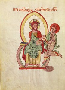 Heiliger Johannes läuft, um das Evangelium von Christus zu empfangen, Miniatur aus dem Evangelium von Saint-Michel-de-Cuxa