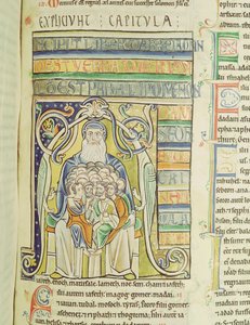 Ms 1 f.256 Historisierte Initiale A, die Generationen im Schoß Abrahams darstellt, aus der Souvigny-Bibel