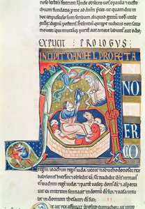 Ms 1 fol.185v Historisierte Initiale A, die Daniel in der Löwengrube darstellt, aus der Souvigny-Bibel
