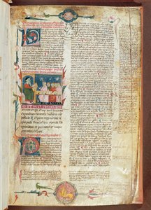 Unterrichtsszene, erste Seite der Aphorismen von Hippokrates mit Kommentaren von Galen