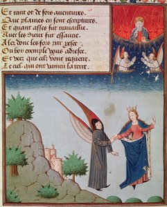 Ms 3045 fol.94r Lady Philosophie führt Boethius im Flug in den Himmel auf den Flügeln, die sie ihm gegeben hat; Gott der Vater schaut segensreich zu von French School