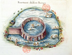 Die Bäder von Bourbon-Lancy, Illustration aus Generale Description du Bourbonnais von Nicolas de Nicolay, 1569 von French School