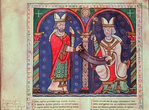 Rabanus Maurus (ca. 780-856) überreicht sein Buch Papst Gregor I. (540-604) aus der Abtei Anchin