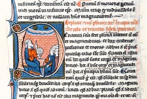 Ms 3458 fol 62vo Historisierte Initiale D, die Aristoteles zeigt, wie er eine Armillarsphäre hält und zum Himmel zeigt, während er eine Gruppe von Klerikern aus Westeuropa unterrichtet von French School