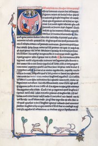 Ms 3458, historiierte Initiale O, die den antiken griechischen Philosophen Aristoteles zeigt, wie er einer Gruppe von Klerikern aus Westeuropa lehrt und nach oben zu Gott im Himmel zeigt (Feder & Tinte und Tempera) von French School