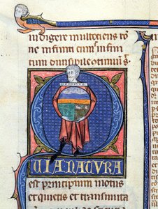 Ms 3469 Philosoph hält eine Kugel mit den vier Elementen, aus der Physik von Aristoteles (384-322 v. Chr.) (Feder, Tinte & Tempera auf Pergament)