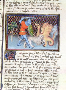 Ms 3480 Yvain, der Ritter mit dem Löwen, kämpft gegen einen Drachen, Miniatur aus Roman de Lancelot von French School