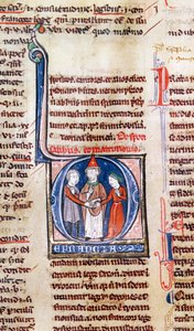 Ms 365 fol.318v Historisierte Initiale D, die eine Hochzeit darstellt, aus den Dekretalen von Gregor IX