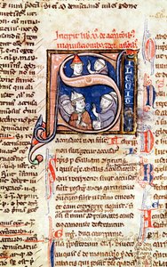 Ms 365 fol.350 Historisierte Initiale S, die Papst Gregor IX (1220-50) mit Bischöfen und Äbten darstellt, aus den Dekretalen von Gregor IX von French School