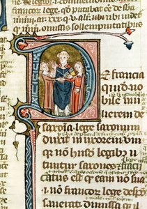 Historiierte Initiale D, die einen Priester zeigt, der eine Ehe segnet, aus 