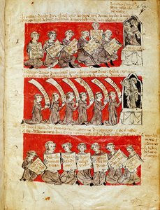 Ms 406 fol.6 Szenen aus dem Leben der Studenten des College of Hubant oder des College der Heiligen Jungfrau in Paris, aus den Statuten des College of Hubant, 1387 von French School