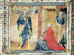 Ms 48 fol.181 Jean de France (1340-1416) Herzog von Berry betet vor St. Andreas, aus dem Lectionnaire de la Sainte-Chapelle de Bourges, ca. 1404-10