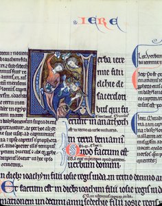 Ms 48 fol.95v Historisierte Initiale V, die die Steinigung des Propheten Jeremia zeigt von French School
