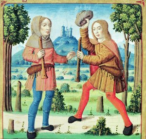 Ms 493 f.10v Die Hirten Dametas und Menalcas fordern sich gegenseitig zu einem musikalischen Wettstreit heraus, aus den Eklogen von Virgil mit einem Kommentar von Servius, 1469