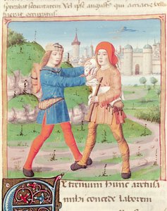 Ms 493 f.17 Ein Austausch von Geschenken, aus den Eklogen von Virgil (70-19 v. Chr.) mit einem Kommentar von Servius, 1469 von French School