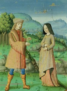 Ms 493 fol.123v Begegnung von Aeneas und Anne, der Schwester von Dido, aus der Aeneis mit Kommentar von Servius, 1469 von French School