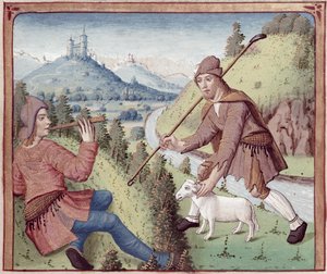 Ms 498 f.3v Tityrus trifft Meliboeus, aus den Eklogen von Virgil mit einem Kommentar von Servius, 1469