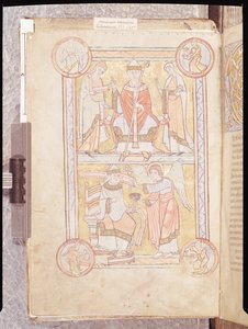 Ms 512 fol.4v St. Gregor der Große (ca. 540-604) zwischen seinem Vater Gordien und seiner Mutter Silvia und einem ertrunkenen Mann als Engel, aus Liber Pastoralis von French School