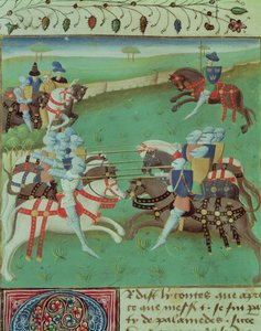 Ms 527 f.5v Ritter im Lanzenkampf unterrichten, aus Roman du Saint Graal