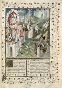 Ms 55 t.2 fol.3 Die Stadt Gottes, die Stadt Caen und die Stadt der Laster, aus La Cite de Dieu von St. Augustinus von Hippo (354-430) übersetzt von Raoul de Preles (1316-82)