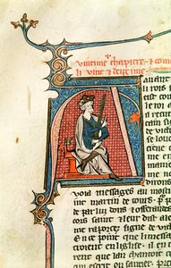 Ms 682 fol.17v Historisierte Initiale A, die einen sitzenden König mit einem zweischneidigen Schwert darstellt