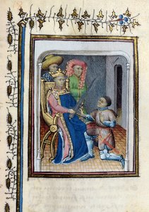 Karl V (1338-80) gibt Bertrand du Guesclin (ca. 1320-80) das Schwert des Obersten Konstablers zurück, aus der Histoire de Du Guesclin nach dem Gedicht von Cuvelier, frühes 15. Jahrhundert von French School