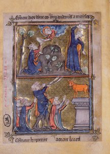 Moses auf dem Berg Sinai und Moses und das Goldene Kalb, aus La Somme le Roy von Frere Laurent, illuminiert von Maitre Honore