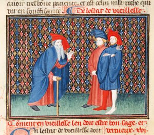 Ms Fr 1023 fol.57v Wie die Alten gut, weise und tugendhaft sein müssen, aus dem Buch der guten Sitten, von Jacques le Grant (1360-1415)