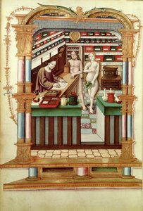 Ms Fr 1537 Christus der Apotheker mit Adam und Eva, aus Chants royaux sur la Conception couronnee du Puy de Rouen von French School