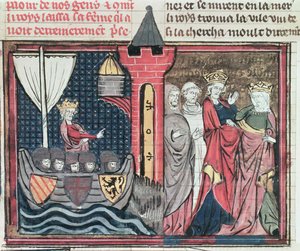 Baldwin I. überquert den Jordan und verzichtet auf seine Frau, aus Le Roman de Godefroi de Bouillon, 1337