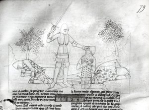 Ms Fr 343 f.79 Ein Ritter wird auf einem Schlachtfeld gerüstet, aus Lancelot du Lac
