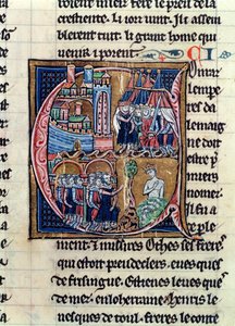 Ms Fr 9081 fol.206 Historisierte Initiale C, die Konrad III. (1137-52), Kaiser von Deutschland, und Ludwig VII. (1120-80), König von Frankreich, zeigt, die 1148 Damaskus belagern, aus Histoire de Jerusalem von William