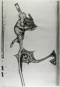 Musiker spielt eine tragbare Orgel, aus der Geschichte von Merlin von French School