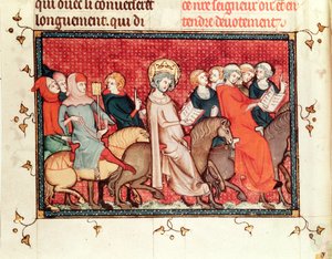 Ms Fr fol.48 Der König diktiert seine Stunden während des Reitens, aus dem Leben und den Wundern des hl. Ludwig, ca. 1330-40 von French School
