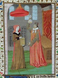 Ms H 7 fol.164r Ein Arzt untersucht den Urin der heiligen Elisabeth, um festzustellen, ob sie schwanger ist, aus der Bibel von Jean XXII von French School