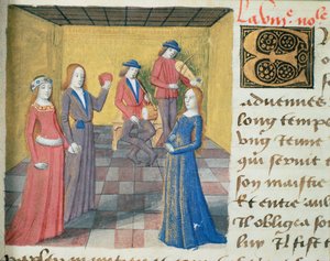 Ms Hunter 252 f.19r Musik und Werbung, aus Les Cent Nouvelles Nouvelles, 1462