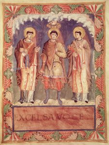 Ms Lat 1141 fol.2v Die Krönung von Karl II. (823-877) mit den Erzbischöfen von Reims und Trier, aus dem Sacrementaire de Metz von French School