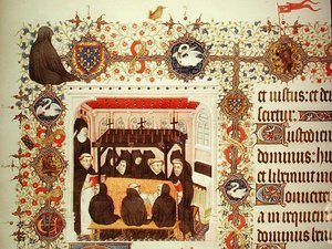 Trauer der Herzogin, mit Wappen und Tierdetails, aus den Grandes Heures de Duc de Berry von French School
