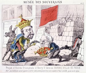 Musée des Souverains - Projekt für den triumphalen Einzug von Henri V in seine gute Stadt Paris (Thiers überreicht ihm die Schlüssel von Paris, verteidigt von Bürgern, die eine Fahne mit der Aufschrift „République ou la mort“ schwenken). von French School