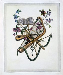 Musikinstrumente, aus einem Buch mit gravierten Platten von Oppenords Entwürfen, veröffentlicht 1745
