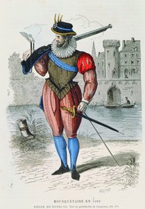 Musketier im Jahr 1586, Illustration aus Costumes de Paris à travers les siècles von H. Gourdon de Genouillac, graviert von A. Renard