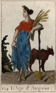 Mythos der Zeitalter der Menschheit: Darstellung des Silbernen Zeitalters als junge Frau mit einem Weizenkranz, nahe einem Pflug und einer Sichel. Aus „Mythologie der Jugend“ von Pierre Blanchard 1803