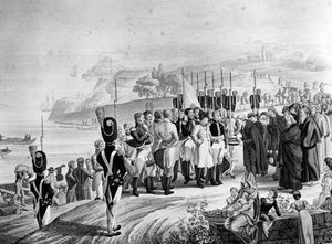 Napoleon (1769-1821) kommt auf der Insel Elba an, 1814 von French School