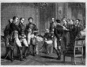 Napoleon Bonaparte - Erste Abdankung Napoleons im Jahr 1814 - Lesung eines Briefes von Pierre Riel de Beurnonville an Marschall MacDonald, Herzog von Taranto, in Anwesenheit Napoleons - in „Histoire de l