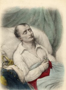 Napoleon I. auf seinem Sterbebett, hält das Kreuz der Ehrenlegion an sein Herz, St. Helena, 1821 von French School